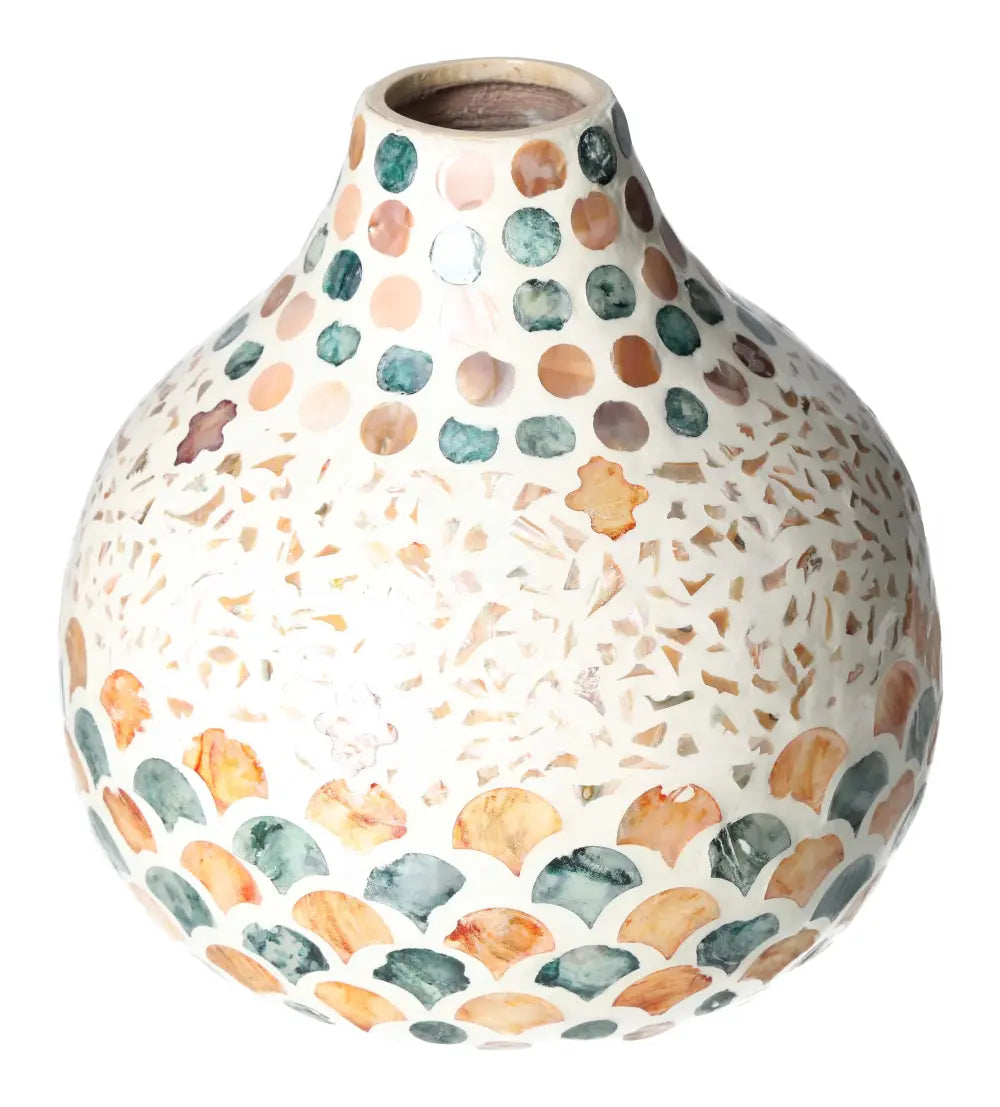 Decorative Capiz Shell Vase with unique pattern and subtle shimmer, crafted by Sylvia Crystals. Dimensions: 24x24x23.