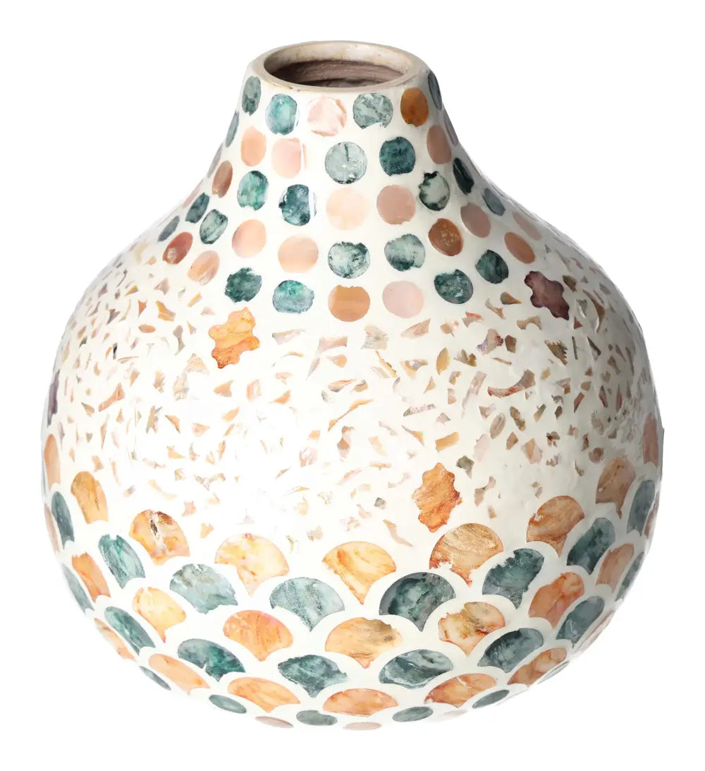 Elegant Capiz Style Vase with intricate shell finish, featuring a blend of pastel colors, perfect for luxury home decor.