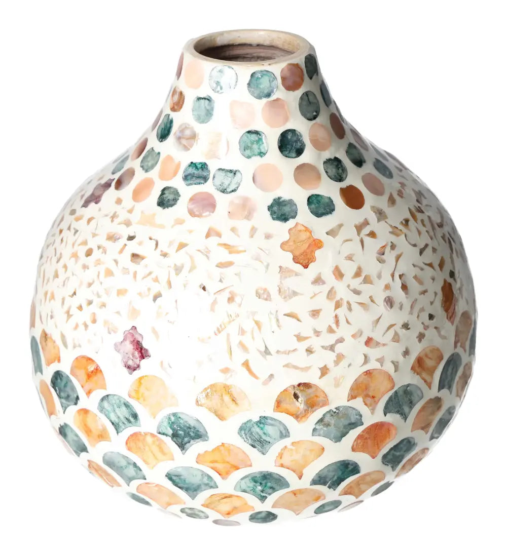 Handcrafted Capiz Style Vase with iridescent shell finish, 24x24x23 dimensions, luxury decor piece by Sylvia Crystals.