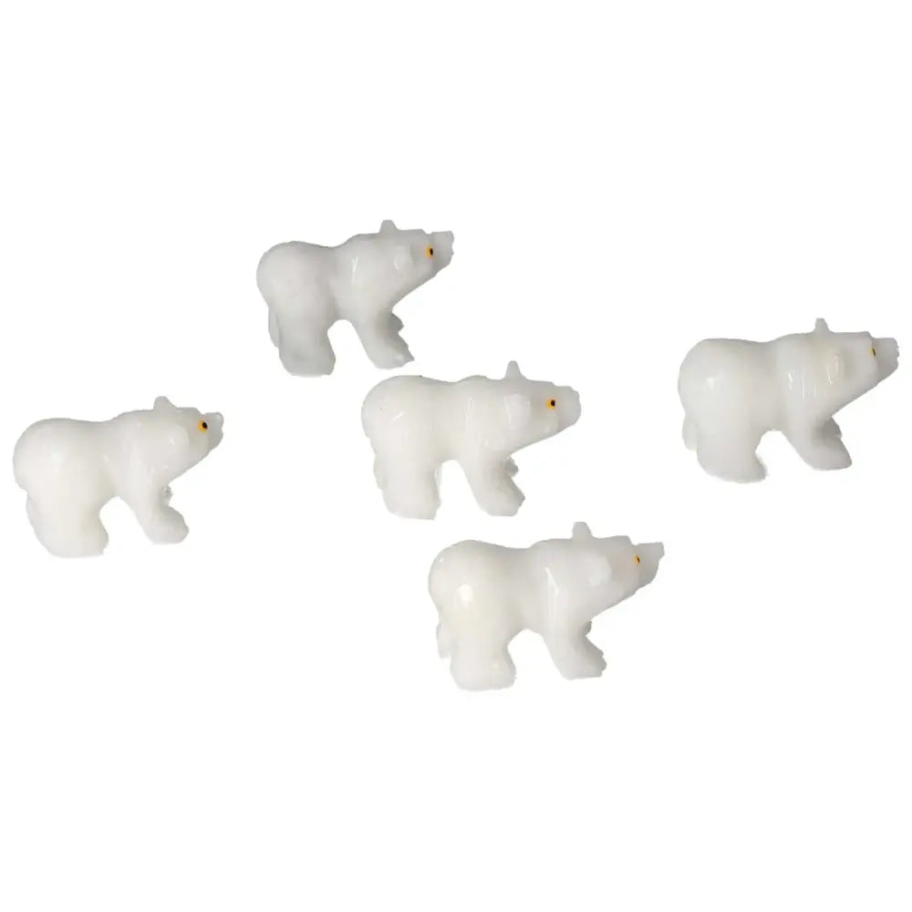 Five carved dolomite bear statues, handcrafted luxury decor from Sylvia Crystals, enhancing spiritual balance and contemporary elegance.