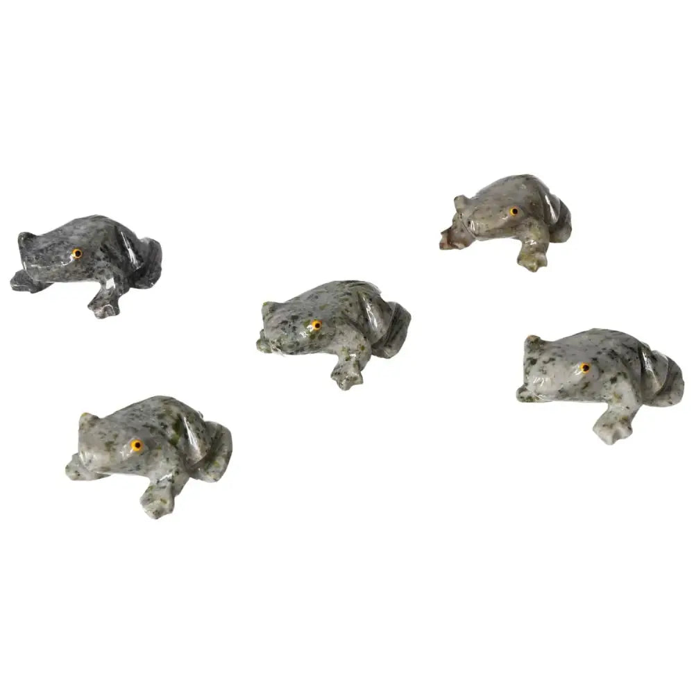 Set of four hand-carved dolomite frog sculptures by Sylvia Crystals, known for emotional balance and tranquility.