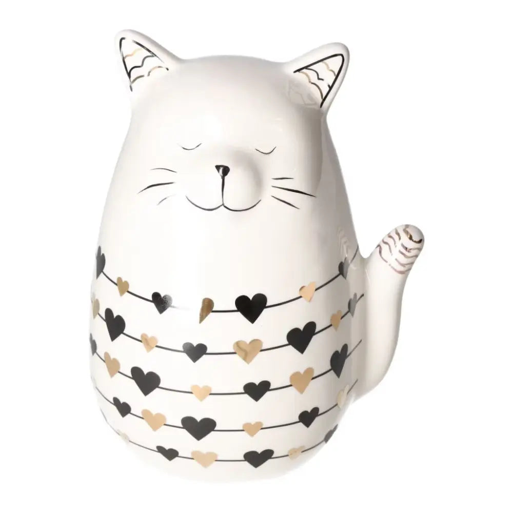 Ceramic Cat Decoration featuring heart designs, embodying elegance and the harmony of divine geometry by Sylvia Crystals.