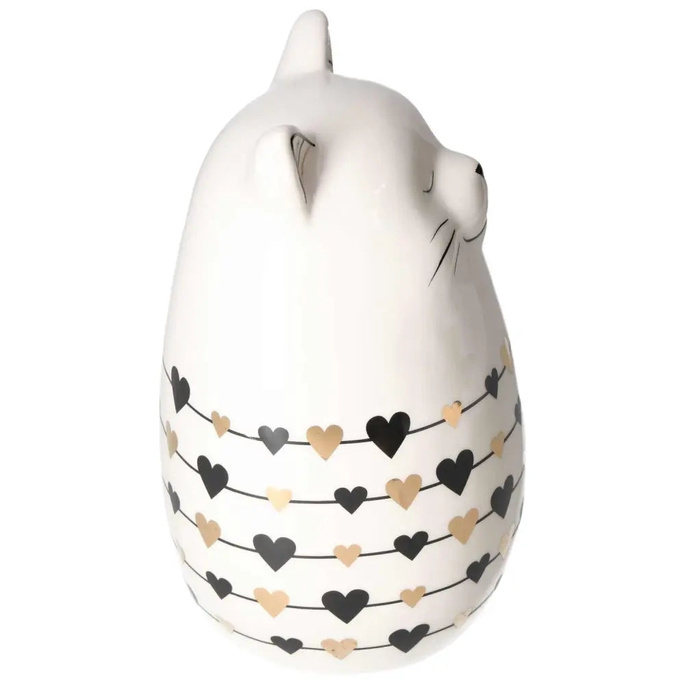 Elegant ceramic cat decoration with heart patterns, embodying harmony and luxury, inspired by divine geometry and crystal beauty.