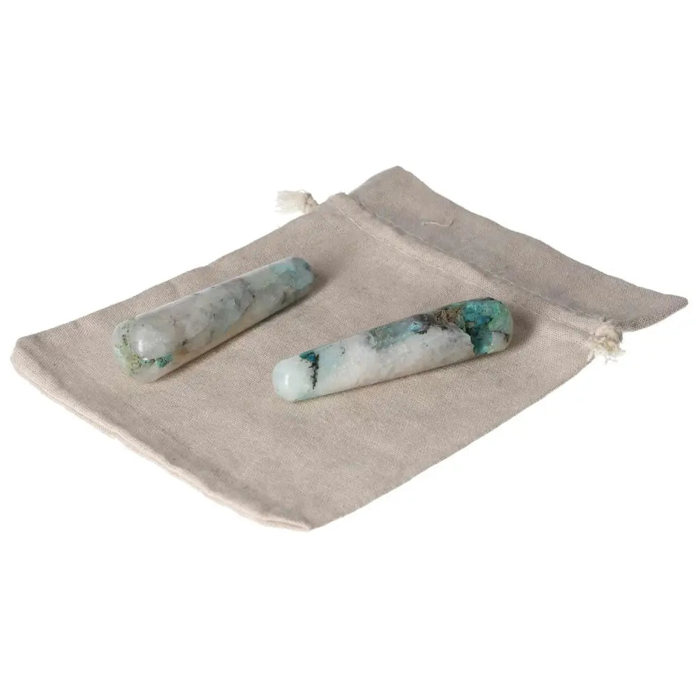 Chrysocolla wands on linen pouch, ideal for enhancing speech clarity and embracing strong feminine energy.