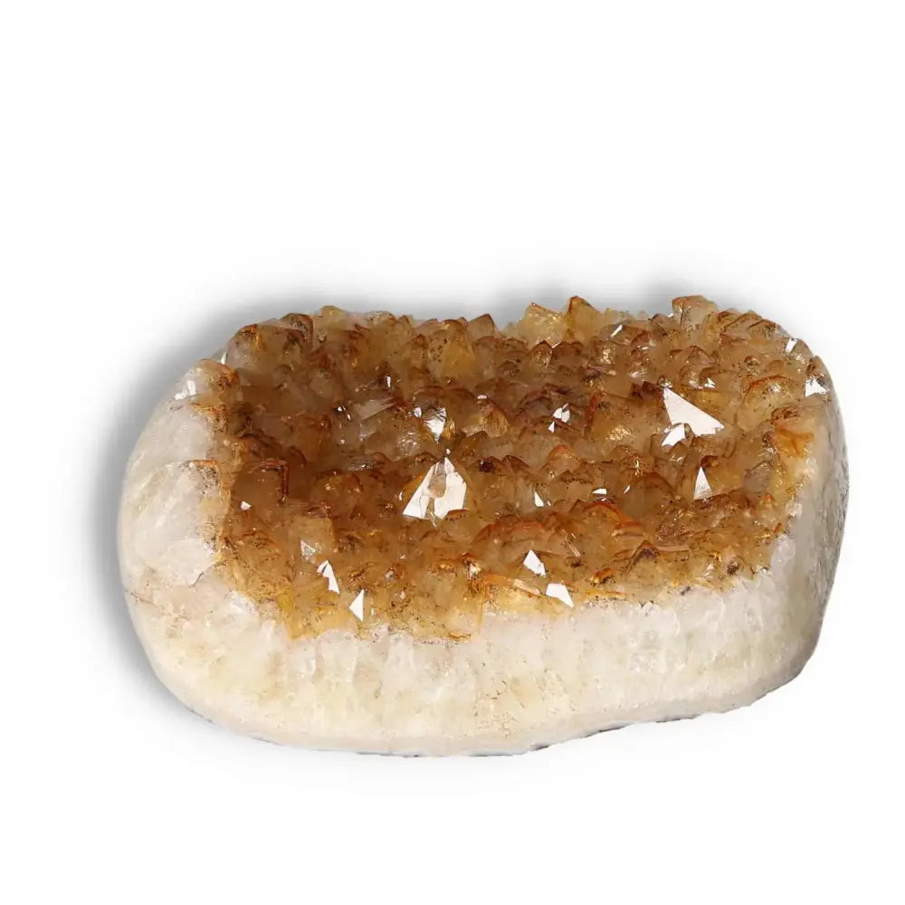 Citrine Druze crystal from Sylvia Crystals, known for inspiring energy and positivity, showcasing handpicked quality and natural beauty.
