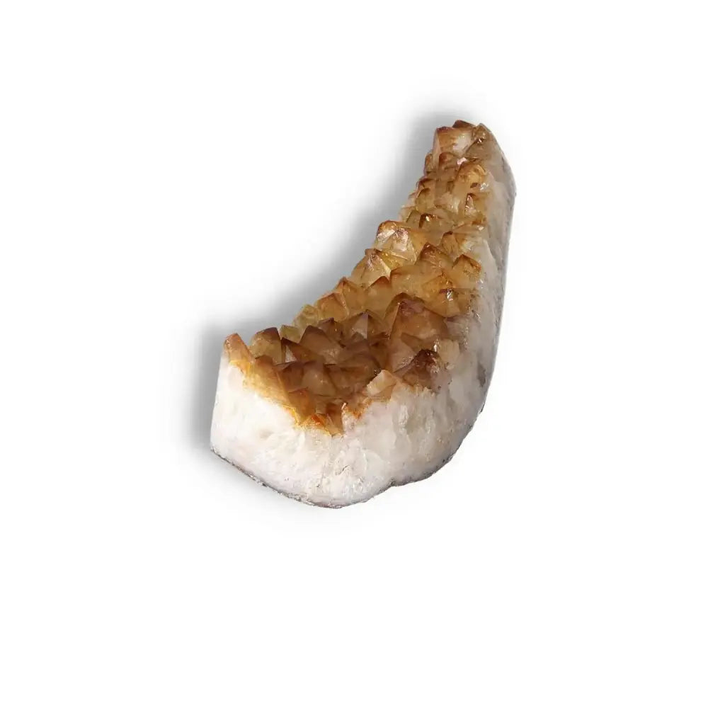High-quality Citrine Druze crystal from Sylvia Crystals on a white background, showcasing its luxurious and spiritual properties.