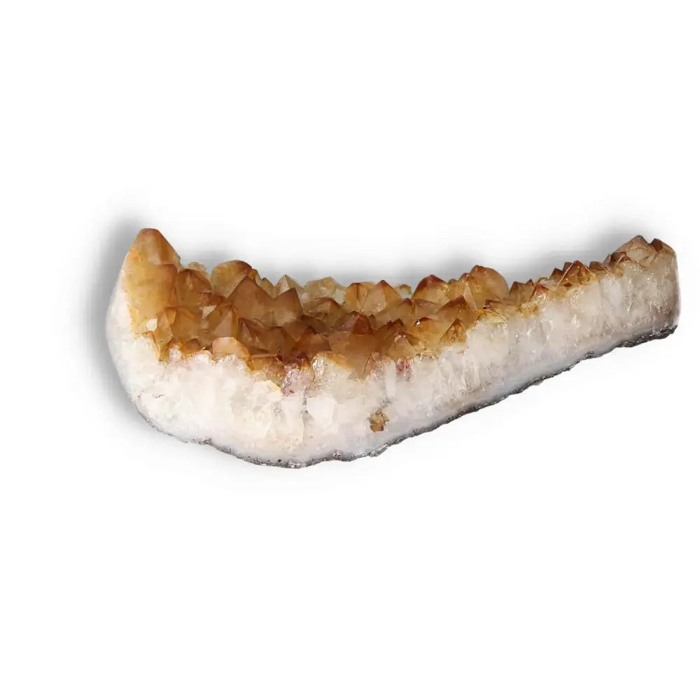 Citrine Druze crystal with golden hues from Sylvia Crystals, symbolizing luxury and spiritual enlightenment, on a white background.