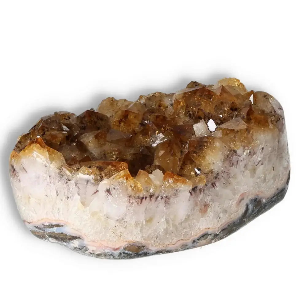 Citrine Druze crystal from Sylvia Crystals, known for promoting positivity and motivation, perfect for new ventures and enhancing enthusiasm.