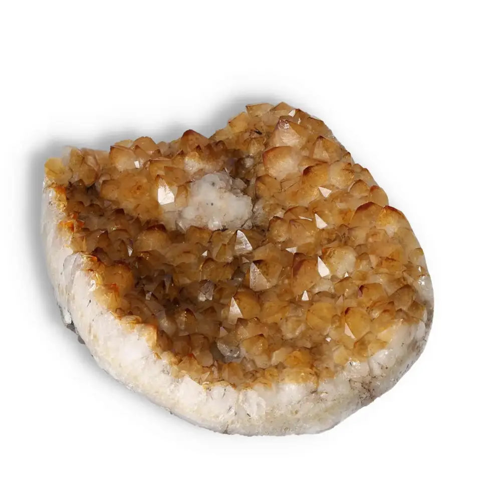 Premium Citrine Druze with Calcite from Sylvia Crystals, showcasing luxury and spirituality in a dazzling gemstone creation.