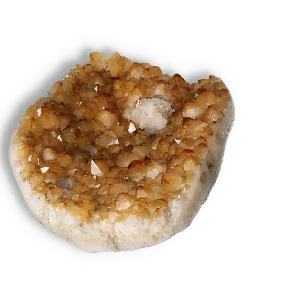 Citrine Druze with Calcite gemstone, a luxurious Sylvia Crystals piece, enhancing collections with spiritual and contemporary design elegance.