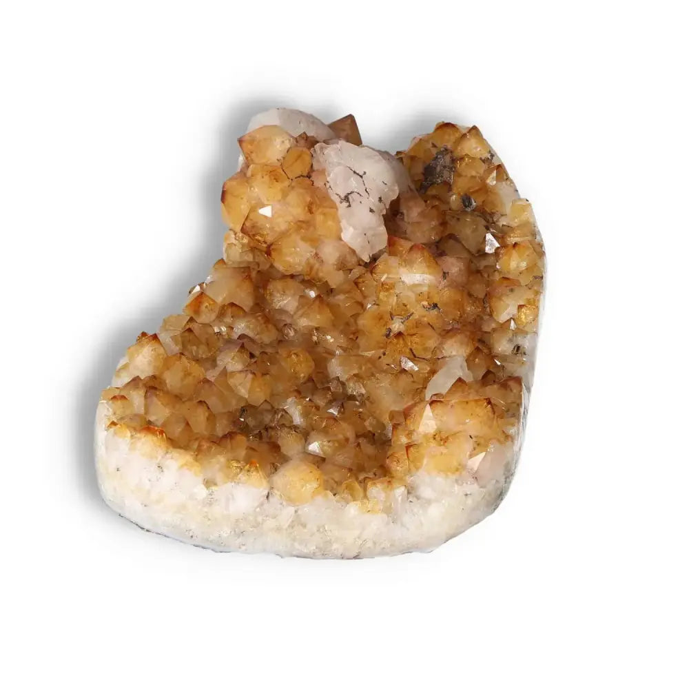 Citrine Druze with Calcite gemstone showcasing radiant beauty and metaphysical properties, offered by Sylvia Crystals for conscious luxury.