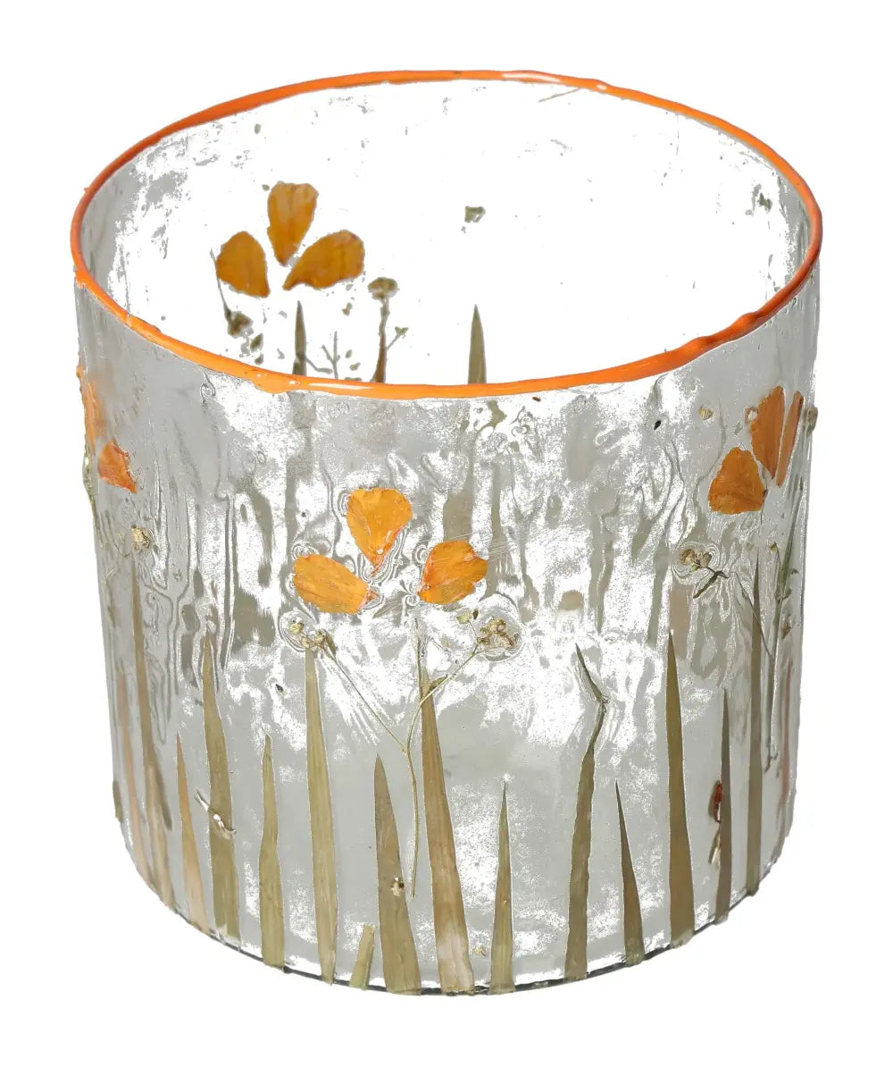 Clear candle holder with dried flower motif, 15x15x15, featuring orange blooms, from Sylvia Crystals, luxury home decor product.