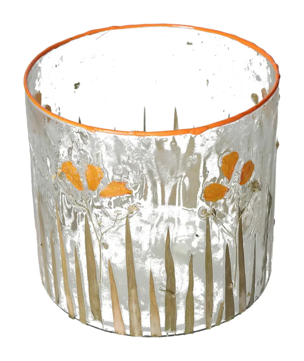 Clear candle holder with orange dried flower motif by Sylvia Crystals, 15x15x15 cm, showcasing refined elegance and luxury.