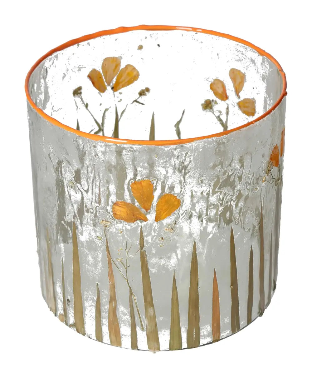 Clear candle holder with dried flower motif, 15x15x15 cm, showcasing elegant design by Sylvia Crystals' premium suppliers.
