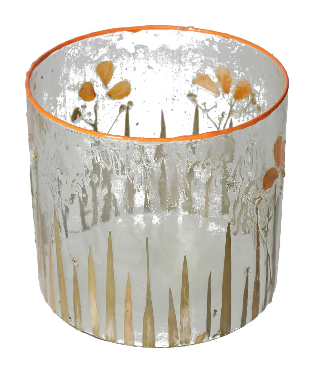 Clear candle holder with dried flower motif, 15x15x15, luxurious design, Sylvia Crystals, conscious living, elegant home decor.