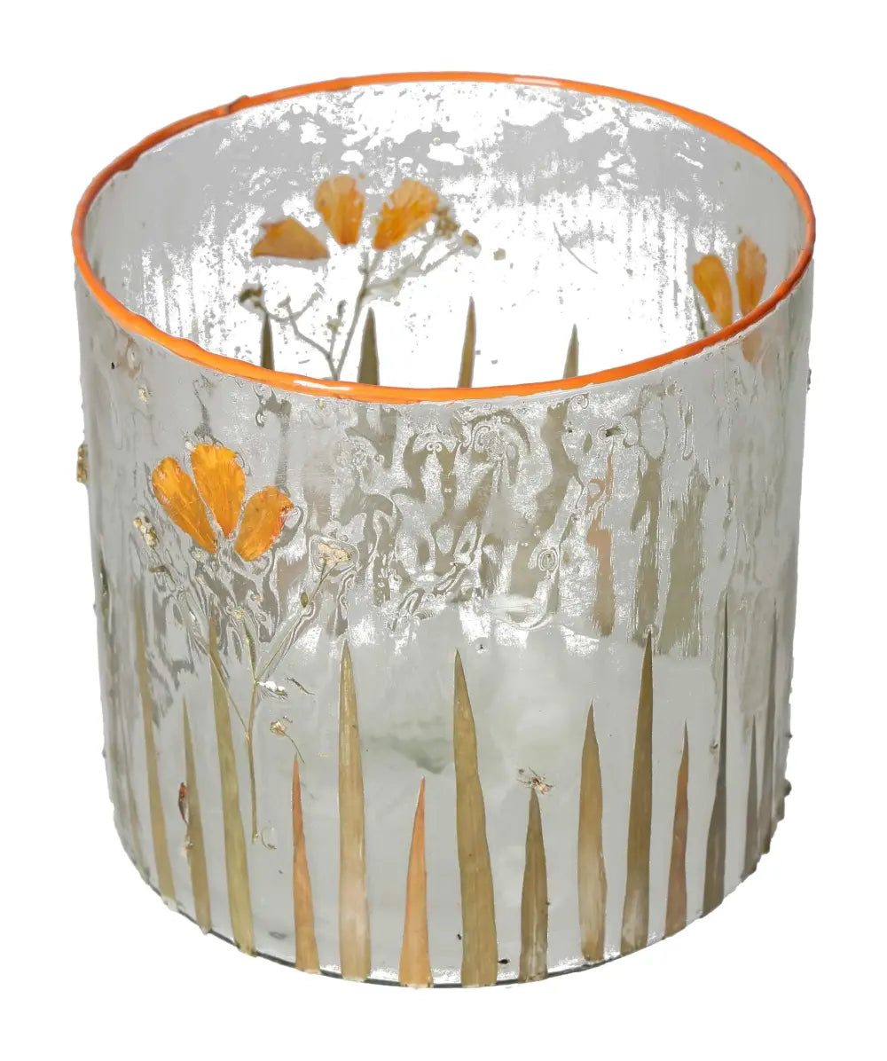 Clear candle holder with dried flower motif, 15x15x15, showcasing a luxurious design from Sylvia Crystals, blending elegance and nature.