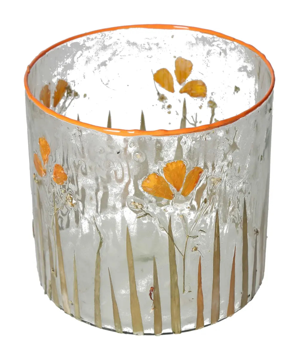 Clear candle holder with orange dried flower motif, luxury design by Sylvia Crystals, 15x15x15, elegant and eco-conscious decor.