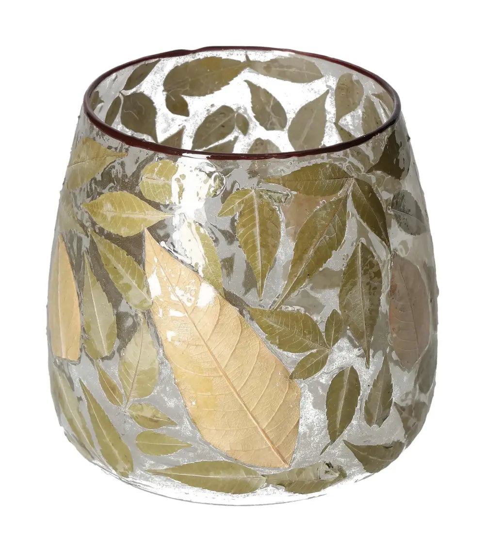 Clear candle holder with leaf motif by Sylvia Crystals, 15x15x15, illustrating elegance and conscious luxury.