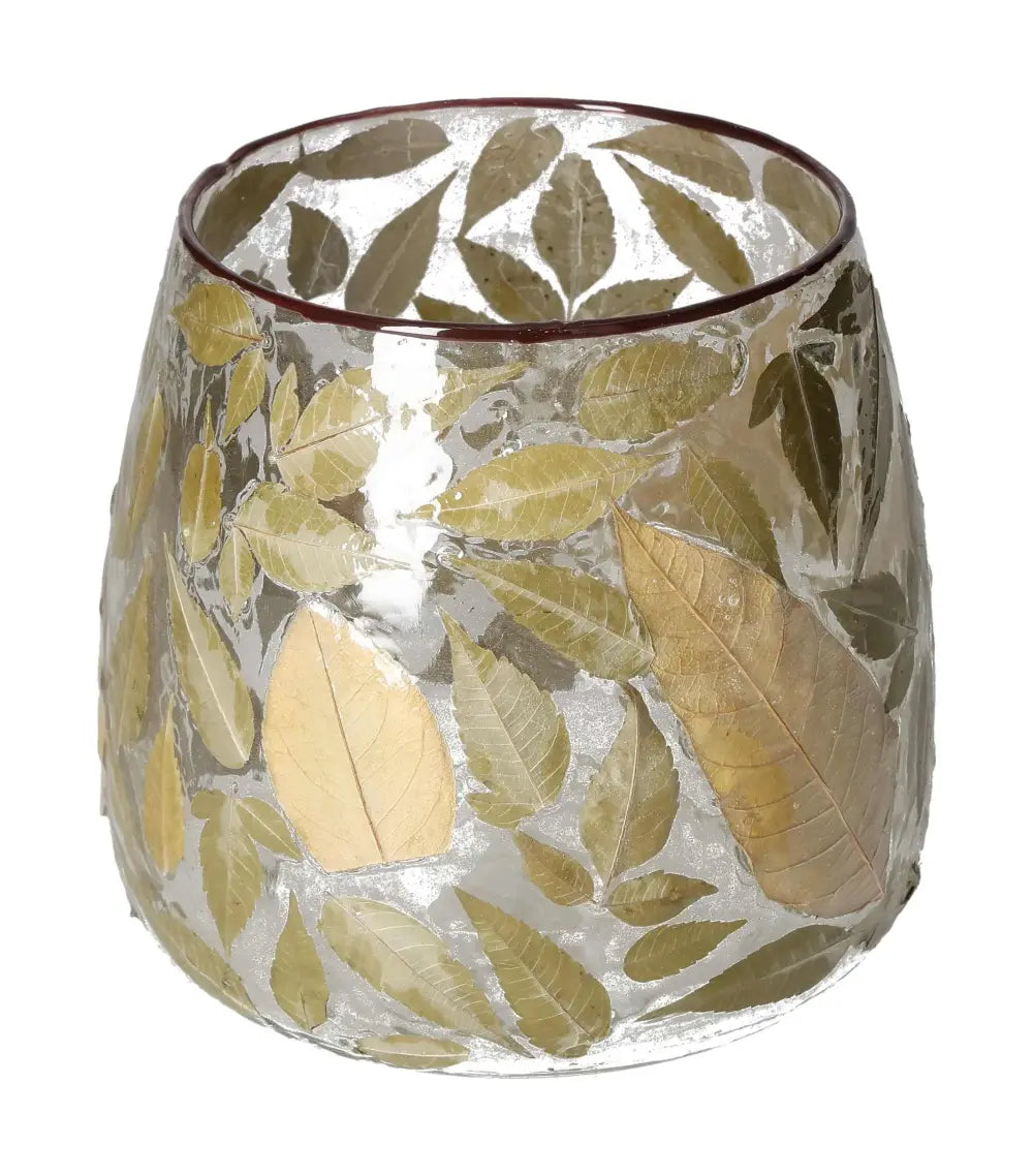 Clear candle holder with leaf motif, Sylvia Crystals. Elegant design, 15x15x15, perfect for luxury and spiritual ambiance.