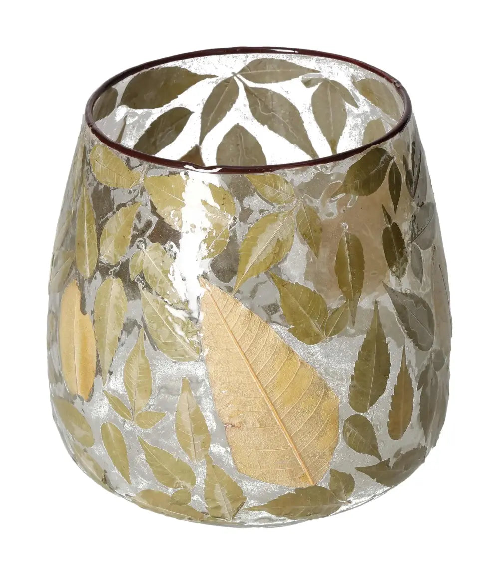 Clear candle holder with green leaf motif design, crafted by Sylvia Crystals, showcasing elegance and spiritual depth in premium decor.