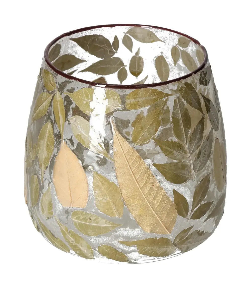 Elegant clear candle holder with detailed leaf motif, measuring 15x15x15, crafted by Sylvia Crystals for a luxurious touch.