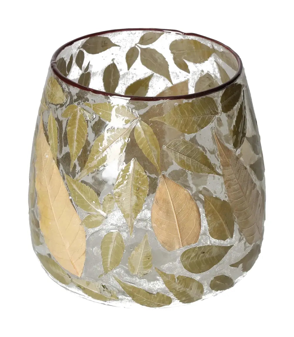 Clear candle holder with intricate leaf motif, 15x15x15 cm, designed by Sylvia Crystals. Elegant glass decor for luxury living spaces.
