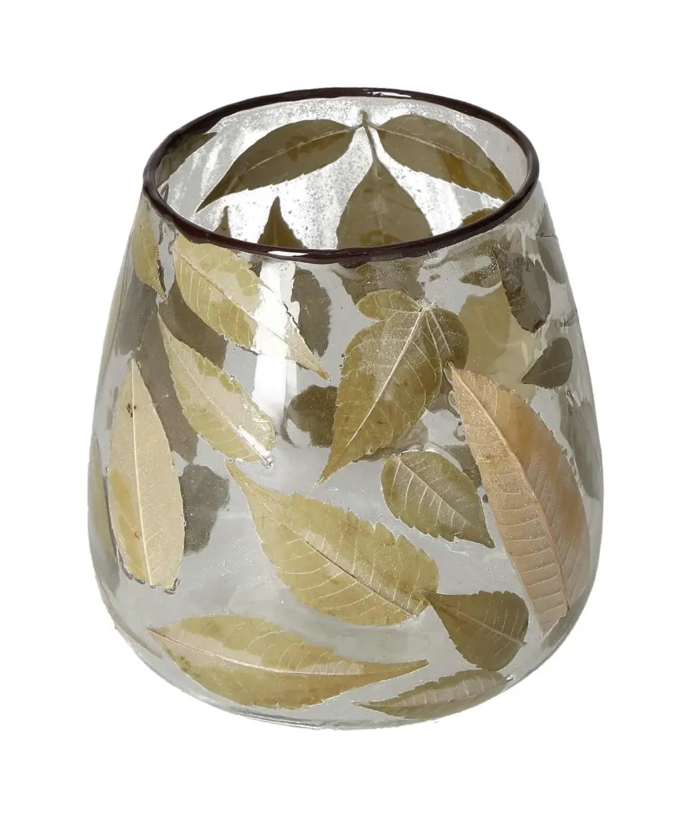 Clear candle holder with gold leaf motif, 10x10x10, from Sylvia Crystals. Elegant design fusing nature's beauty with craftsmanship.