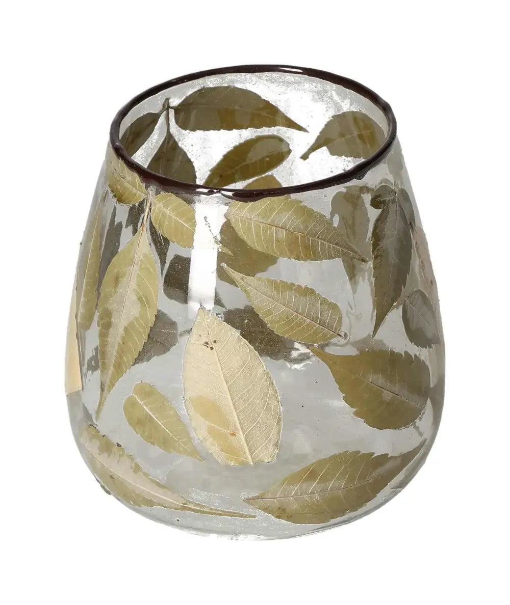 Clear candle holder with leaf motif, elegant design by Sylvia Crystals, featuring nature-inspired decor for a refined aesthetic