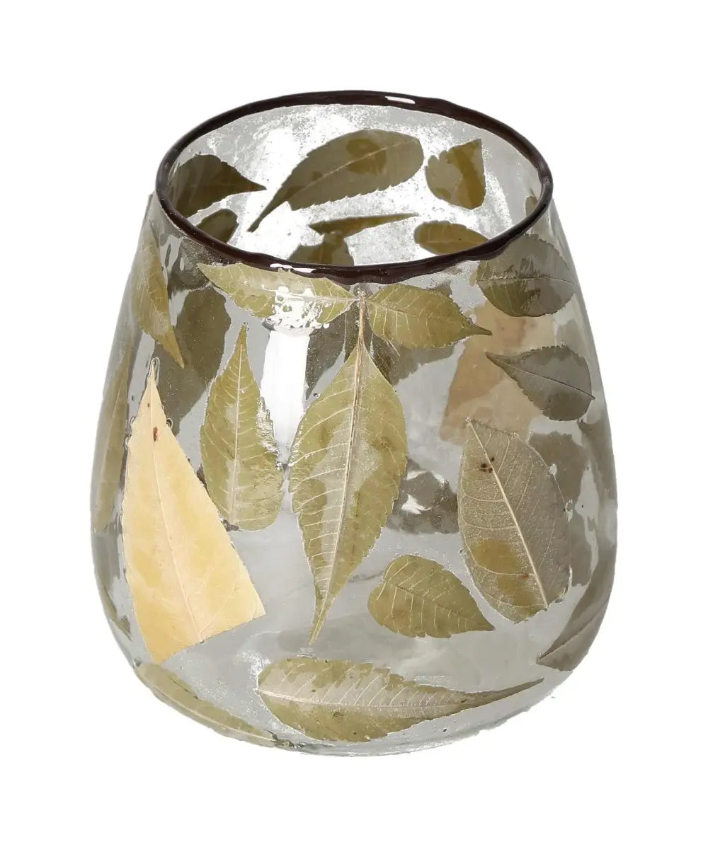 Clear candle holder with leaf motif, 10x10x10, showcasing elegant leaf designs. Perfect home decor by Sylvia Crystals.