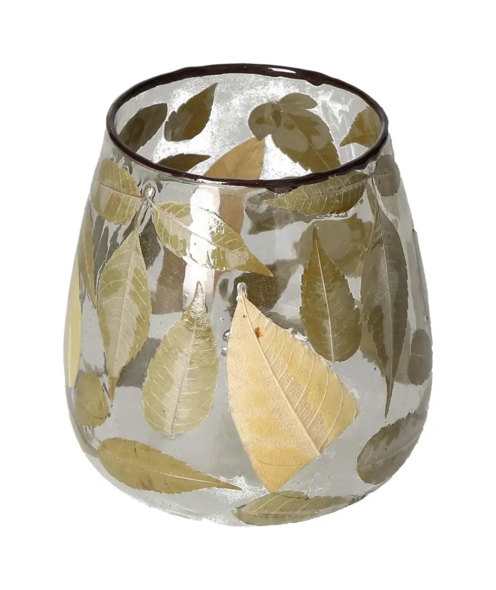 Elegant clear candle holder with leaf motif design, crafted by Sylvia Crystals, showcasing exquisite nature-inspired artistry.
