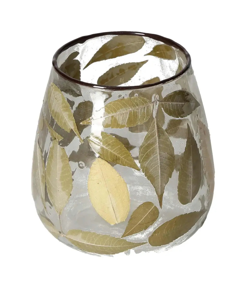 Glass candle holder with leaf motif from Sylvia Crystals, features a clear design that showcases nature-inspired elegance, size 10x10x10 cm.