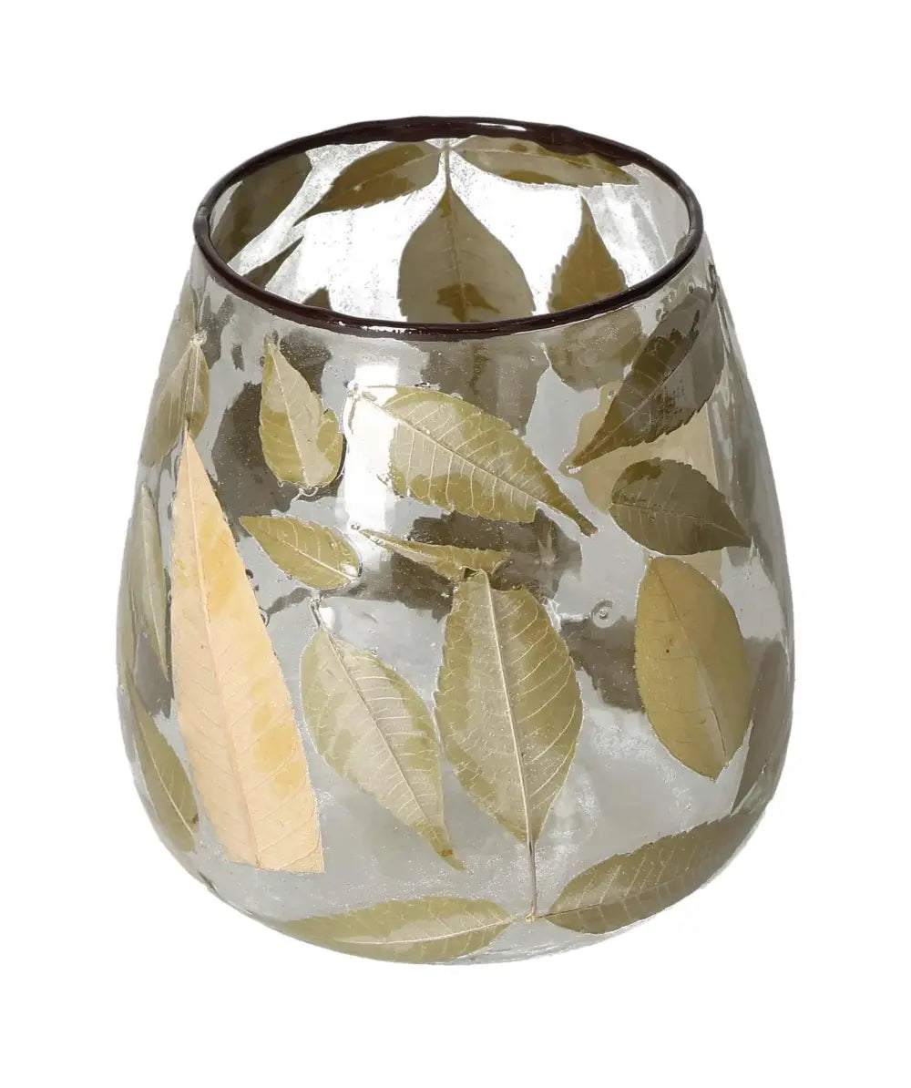 Elegant clear candle holder with detailed leaf motif design, 10x10x10, crafted by Sylvia Crystals for a natural aesthetic touch.