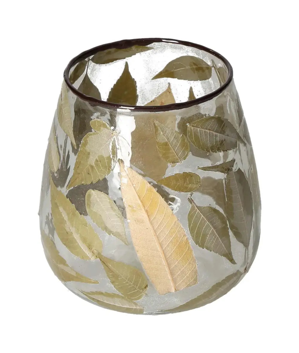 Clear candle holder with elegant leaf motif design, crafted by Sylvia Crystals, showcasing nature-inspired artistic precision.