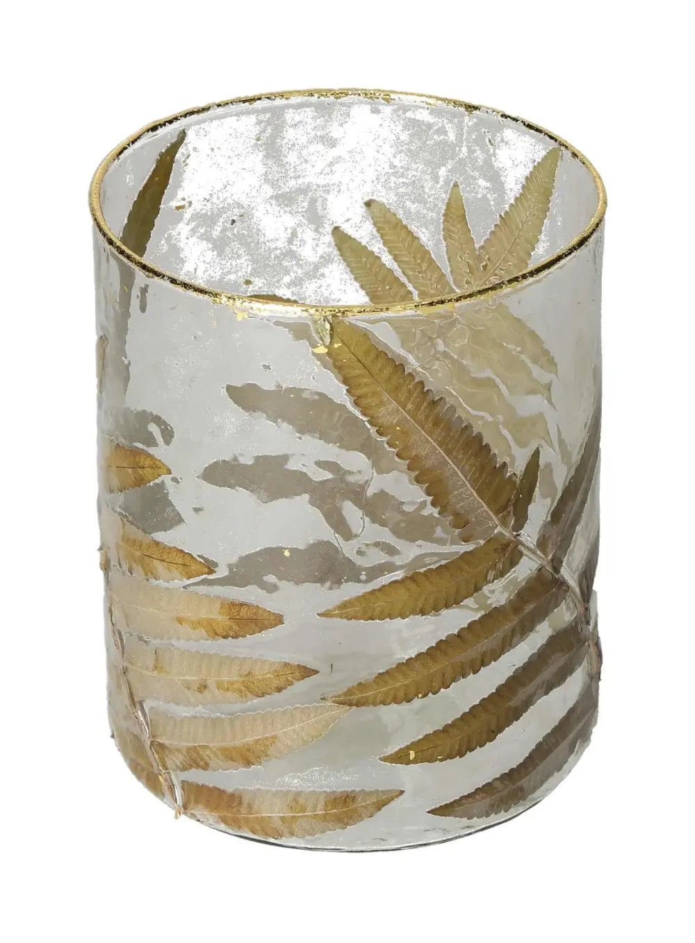 Clear candle holder with gold leaf motif, 13x10x10, from Sylvia Crystals, showcasing luxury and elegance in home decor.