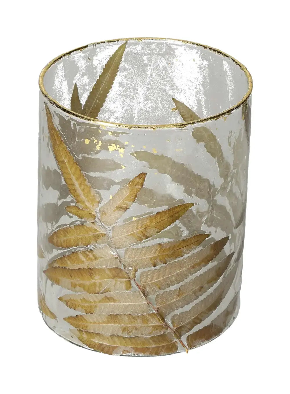 Clear candle holder with intricate leaf motif design, measuring 13x10x10, showcasing luxury and elegance from Sylvia Crystals.
