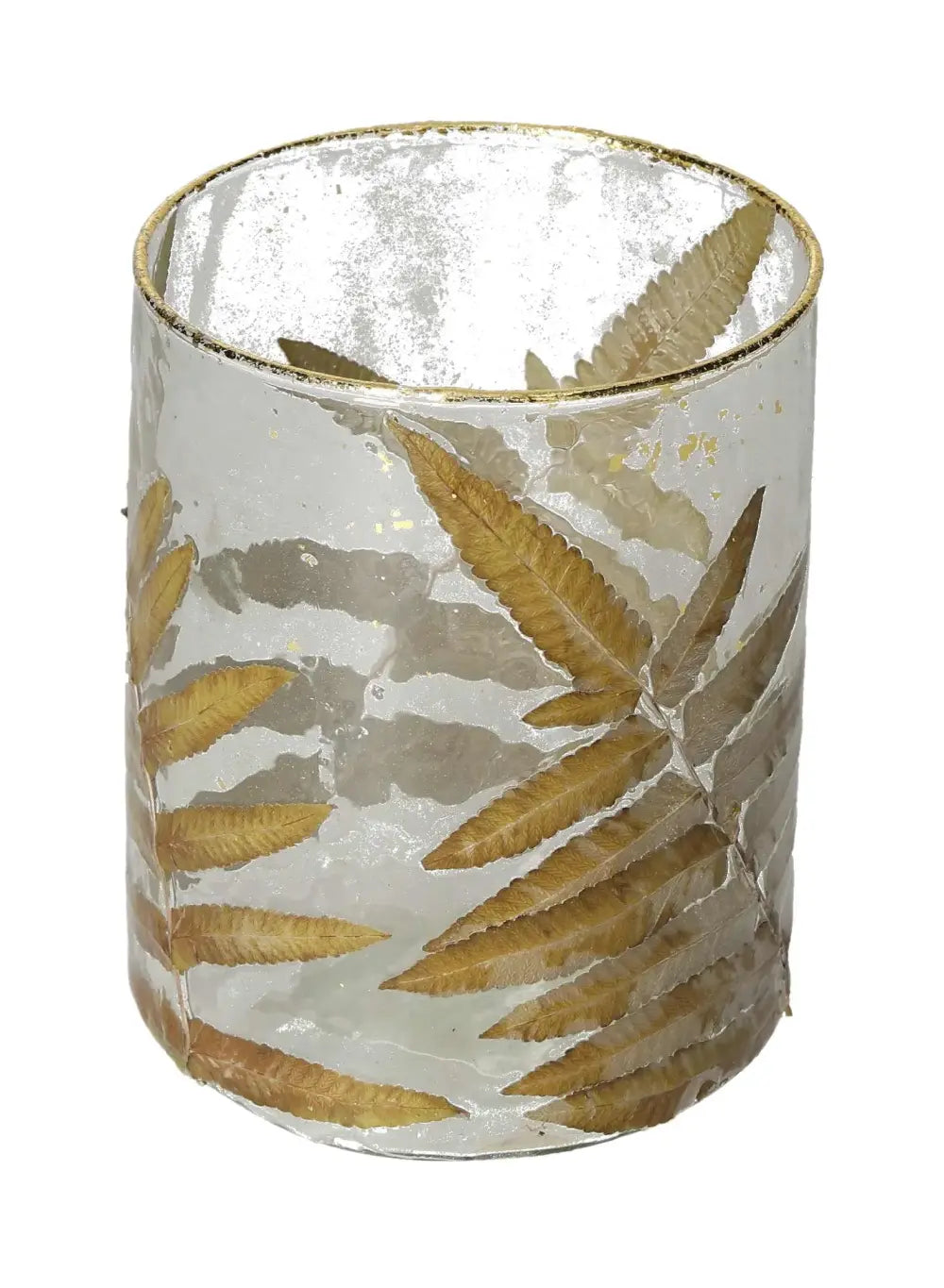 Clear candle holder with leaf motif, 13x10x10, luxury crystal design by Sylvia Crystals, featuring intricate divine geometry pattern.