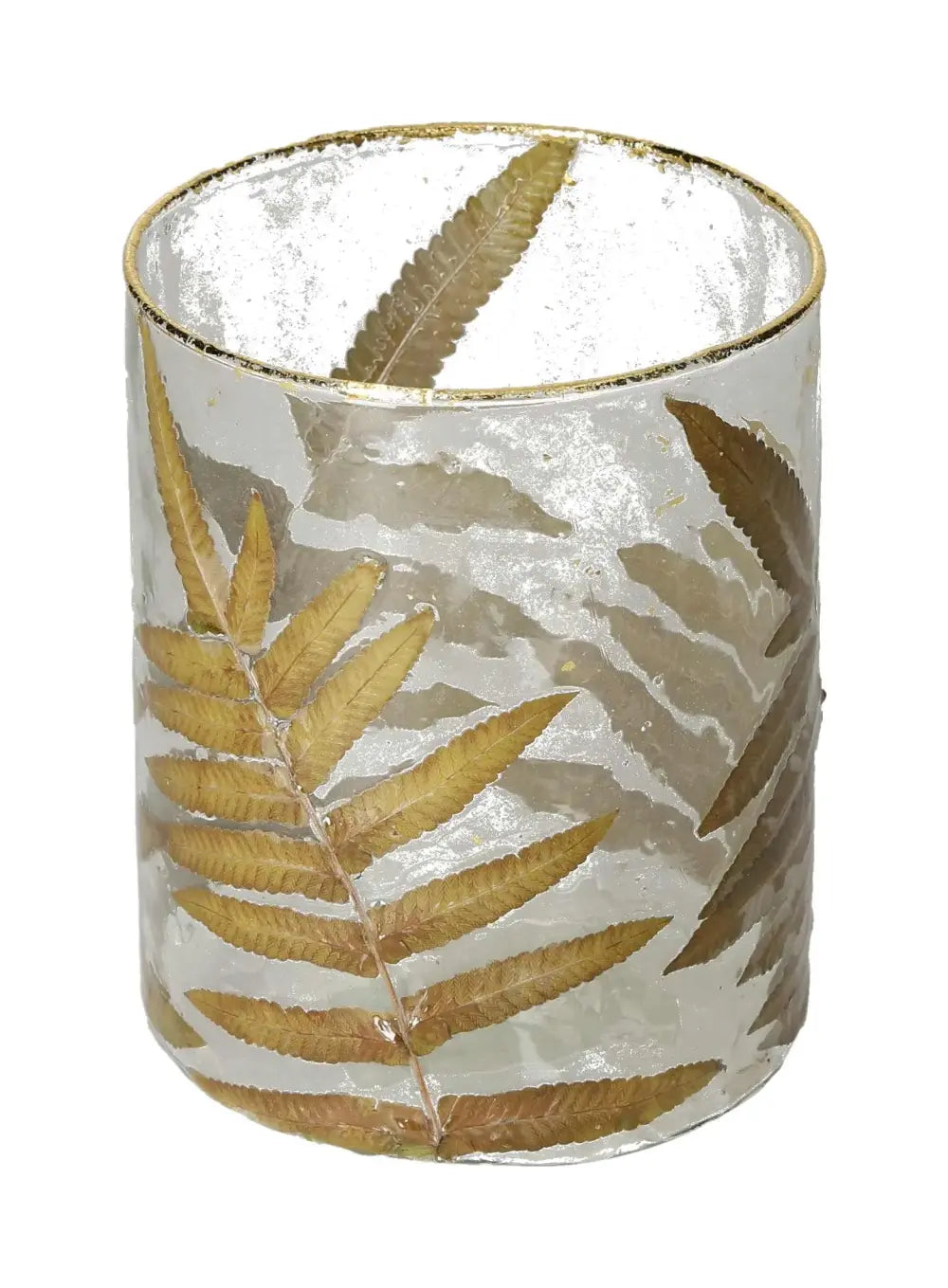 Clear candle holder with intricate leaf motif design, 13x10x10 dimensions, epitomizing luxury and conscious living from Sylvia Crystals.