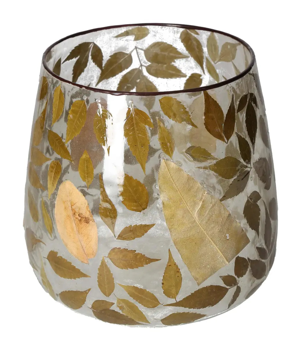 Clear candle holder with leaf motif, 20x20x20 cm, elegant decor piece by Sylvia Crystals, luxury home accessory with nature-inspired design.