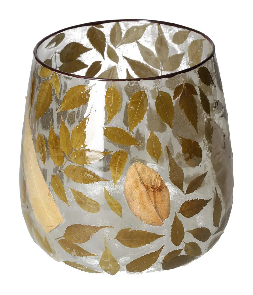 Clear candle holder with leaf motif, 20x20x20, from Sylvia Crystals, showcasing a blend of nature-inspired elegance and luxury decor.