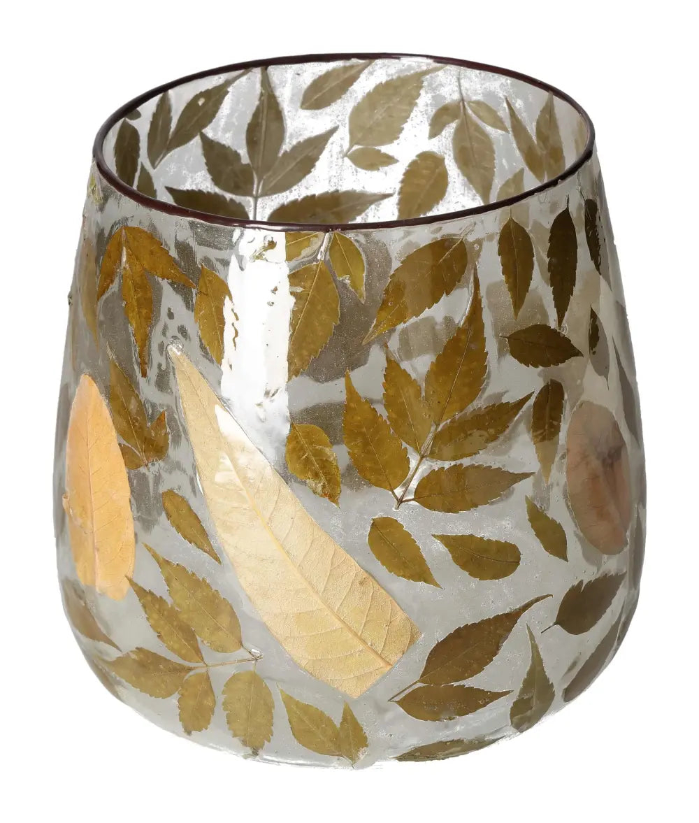 Elegant clear candle holder with intricate leaf motif, 20x20x20 design by Sylvia Crystals, reflecting luxury and natural design fusion.