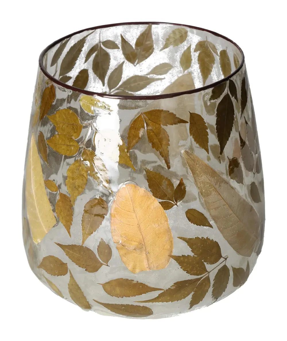 Clear candle holder with elegant leaf motif, showcasing luxury design by Sylvia Crystals, size 20x20x20