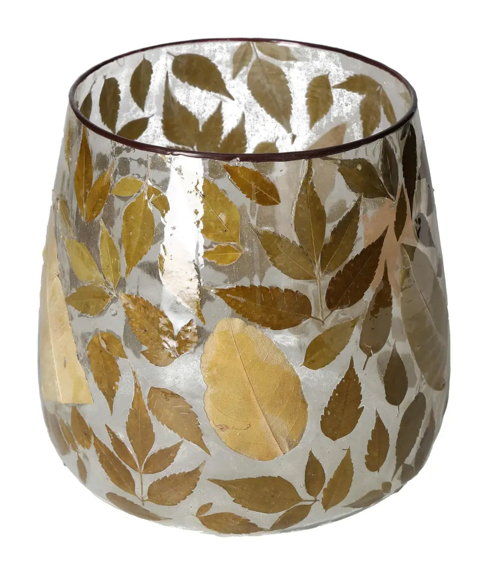 Clear candle holder with leaf motif, 20x20x20 cm, luxurious design by Sylvia Crystals for an elegant and tranquil ambiance.