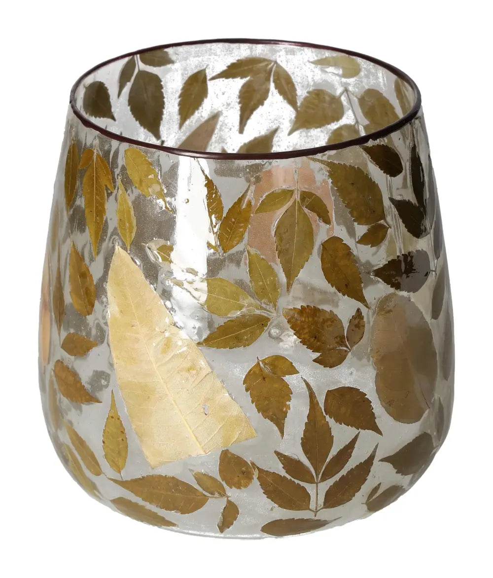 Elegant clear candle holder with leaf motif, 20x20x20, from Sylvia Crystals, showcasing luxury design and natural elements.