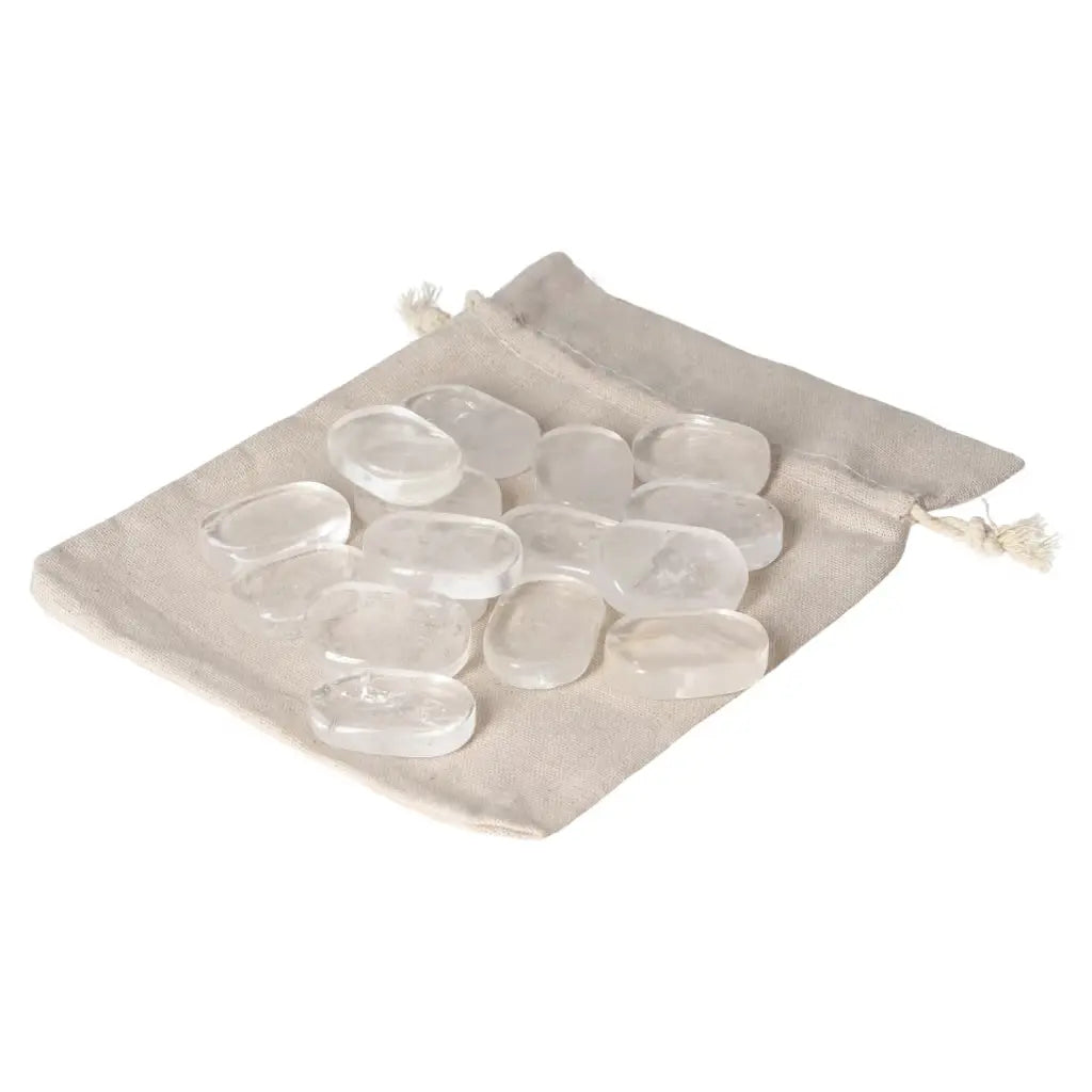 Clear Quartz Antistress Thumb Massagers in a beige pouch, ideal for stress relief and energy harmonization, from Sylvia Crystals.