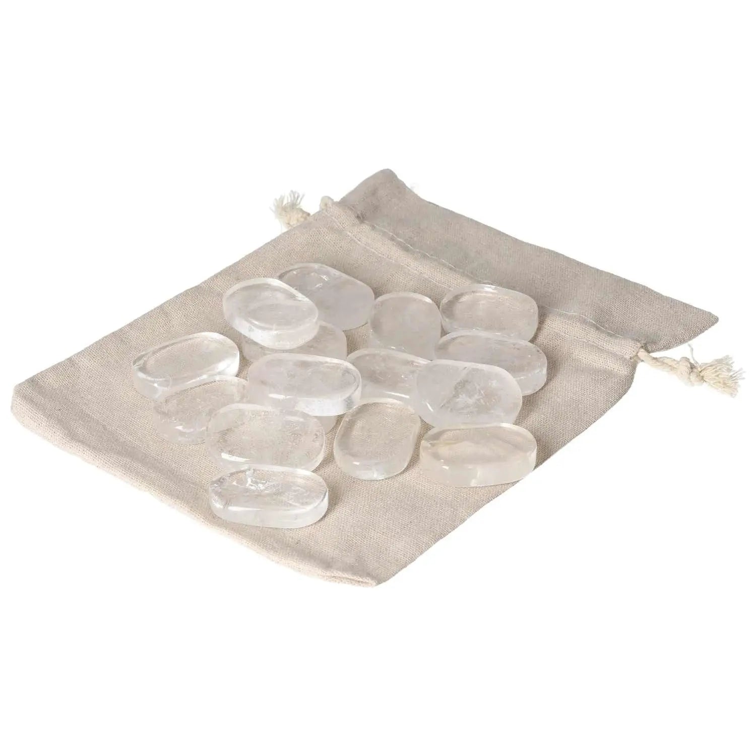 Clear Quartz Thumb Massager stones on beige pouch, ideal for stress relief and energy balance by Sylvia Crystals.