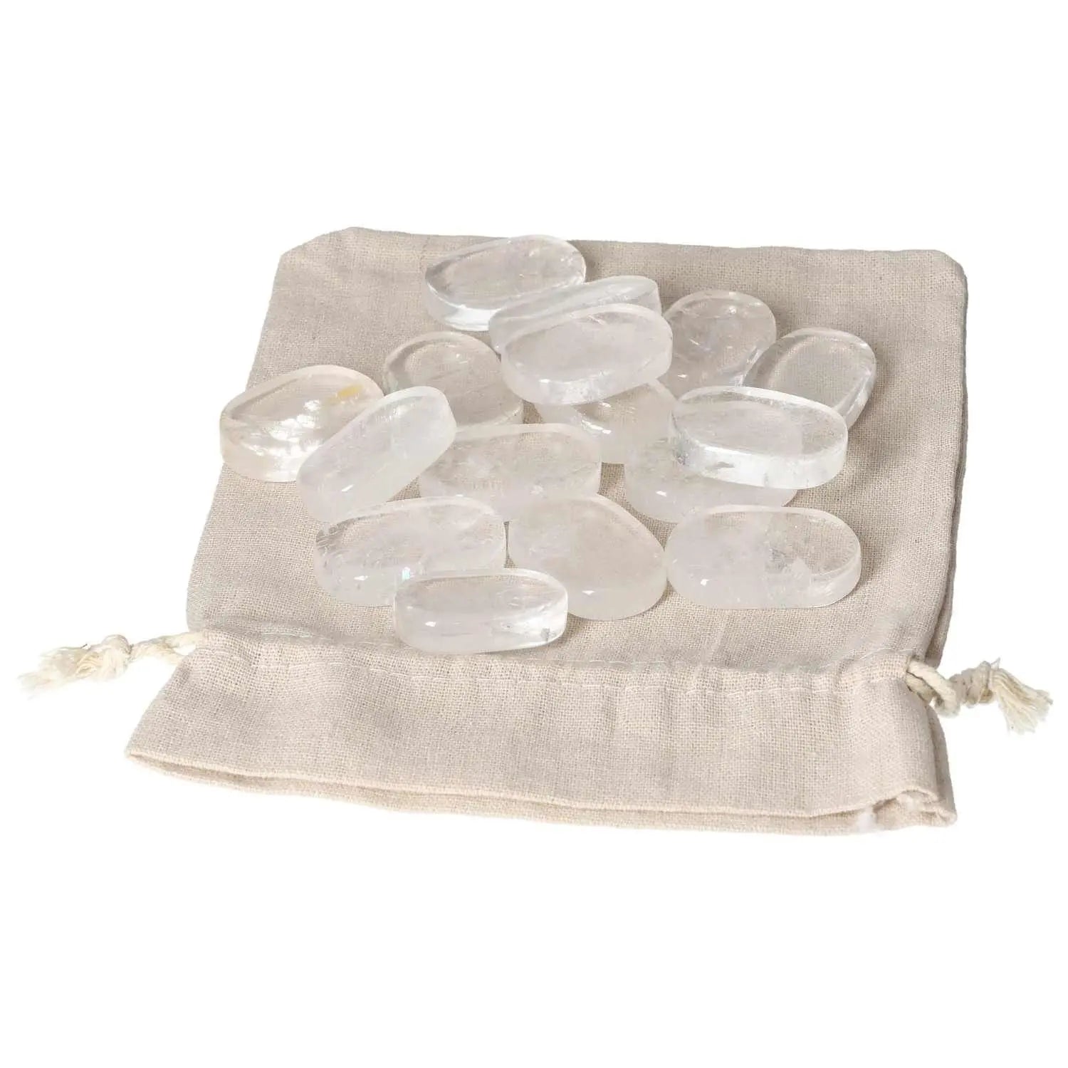 Clear Quartz Antistress Thumb Massagers from Sylvia Crystals, displayed on a drawstring fabric pouch for relaxation and energy harmony.