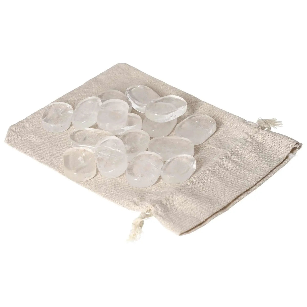 Clear Quartz Antistress Thumb Massager on linen pouch for stress relief and energy balance by Sylvia Crystals.