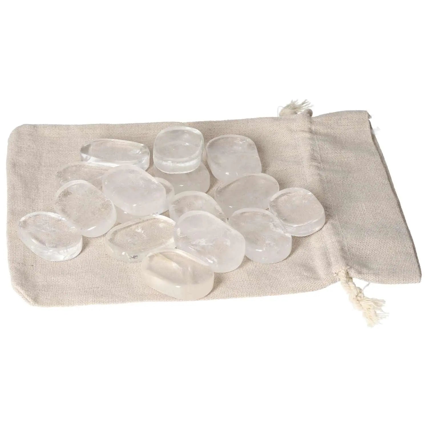 Clear Quartz Antistress Thumb Massager stones on a drawstring bag, enhancing tranquility and energy balance for wellness.