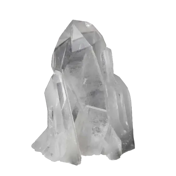 Clear Quartz Cluster on black background, showcasing multiple crystal points and pure energy, ideal for amplifying intention and purifying space.