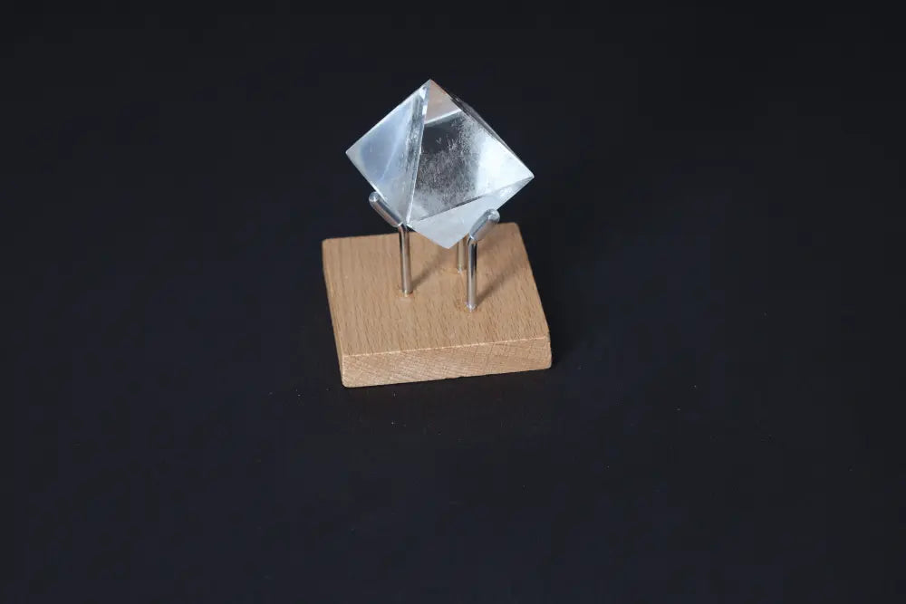 Clear Quartz Double Pyramid 3 cm on Display Stand for Energy Harmonization and Negative Vibration Neutralization